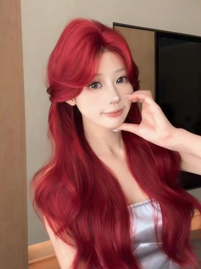 Cherry Cola 🍒 Long Wavy Wig with Curtain Bangs - Face-Framing, Heat Resistant, 65-70cm