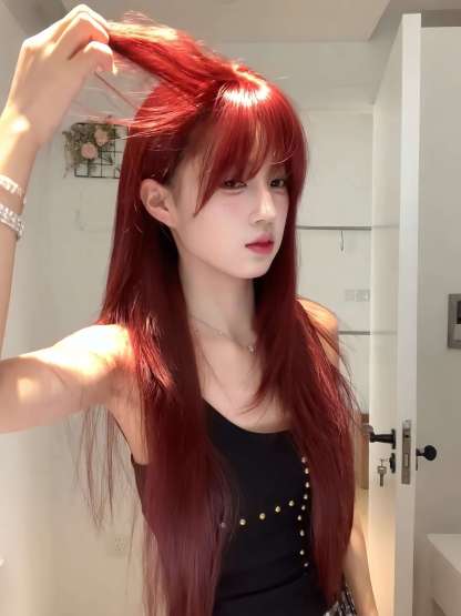 Red Wine 🍷 Long Straight Wig with Bangs – Face-Framing, Breathable Full Cap, 65–75cm