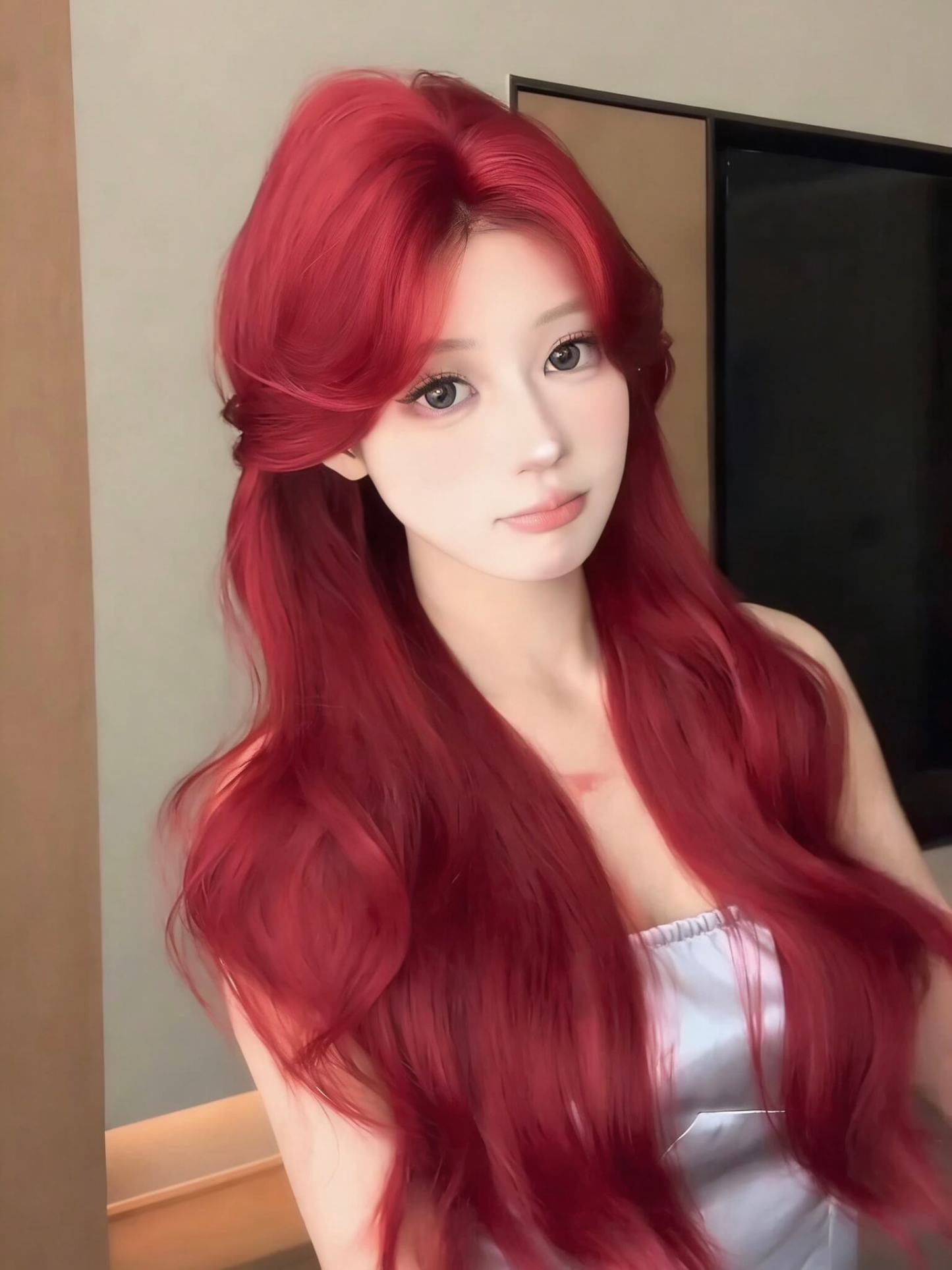 Cherry Cola 🍒 Long Wavy Wig with Curtain Bangs - Face-Framing, Heat Resistant, 65-70cm