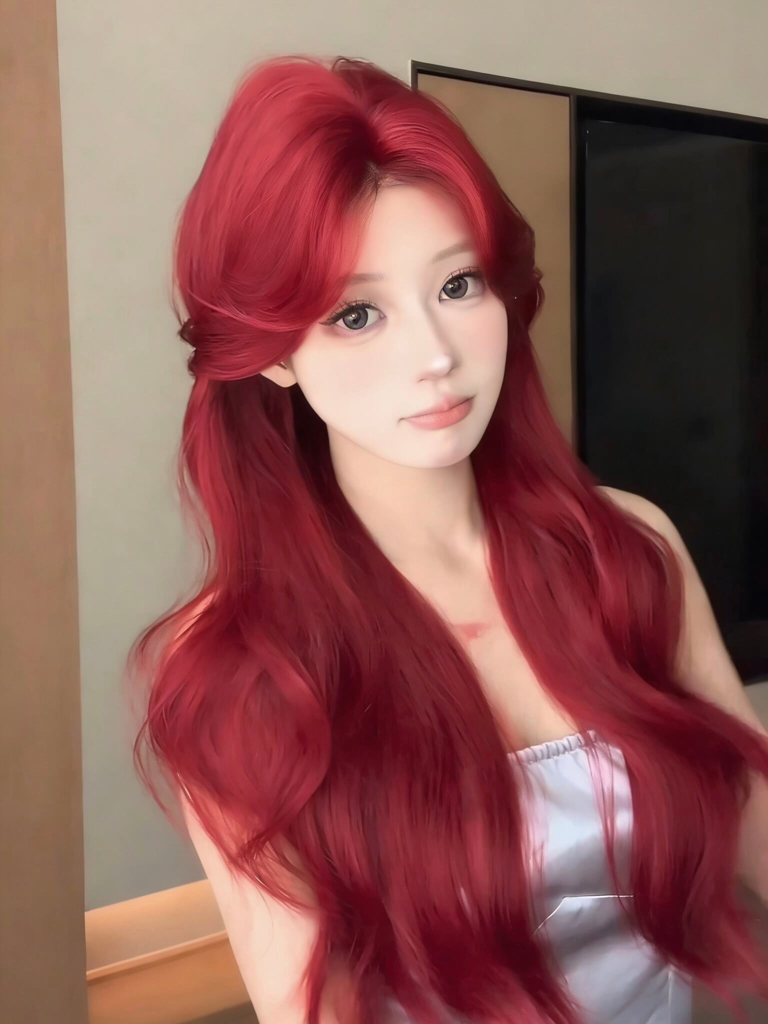 Cherry Cola 🍒 Long Wavy Wig with Curtain Bangs - Face-Framing, Heat Resistant, 65-70cm