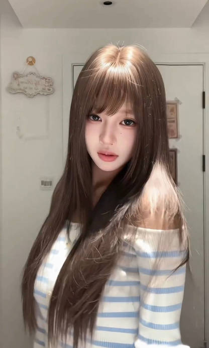 Iced Mocha 🧊 Long Straight Layered Wig with Wispy Bangs - Cool Ash Brown, Heat Resistant, 65-70cm