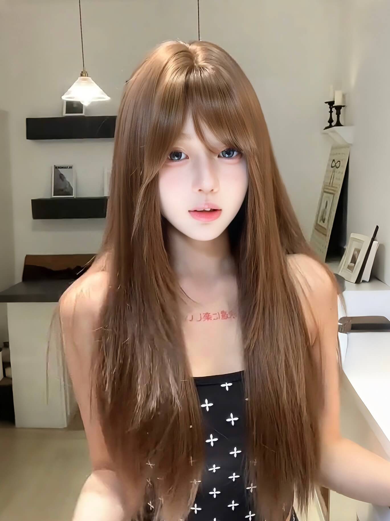 Sunshine 🌞 Bean Sun-Brown Long Straight Wig – Layered & Youthful Design, Full Cap, 60–70cm