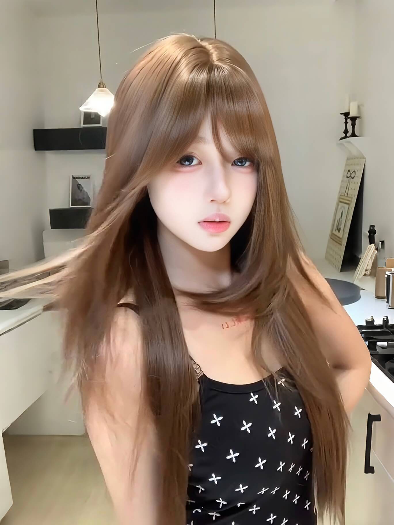 Sunshine 🌞 Bean Sun-Brown Long Straight Wig – Layered & Youthful Design, Full Cap, 60–70cm