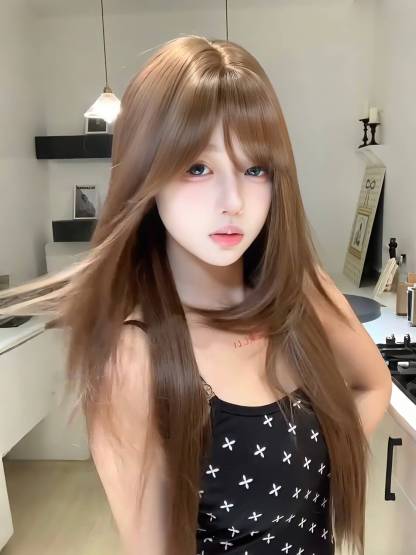 Sunshine 🌞 Bean Sun-Brown Long Straight Wig – Layered & Youthful Design, Full Cap, 60–70cm