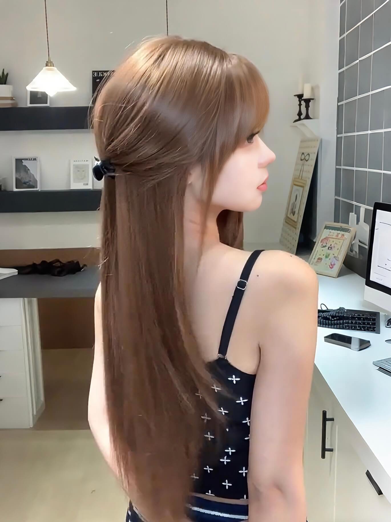 Sunshine 🌞 Bean Sun-Brown Long Straight Wig – Layered & Youthful Design, Full Cap, 60–70cm
