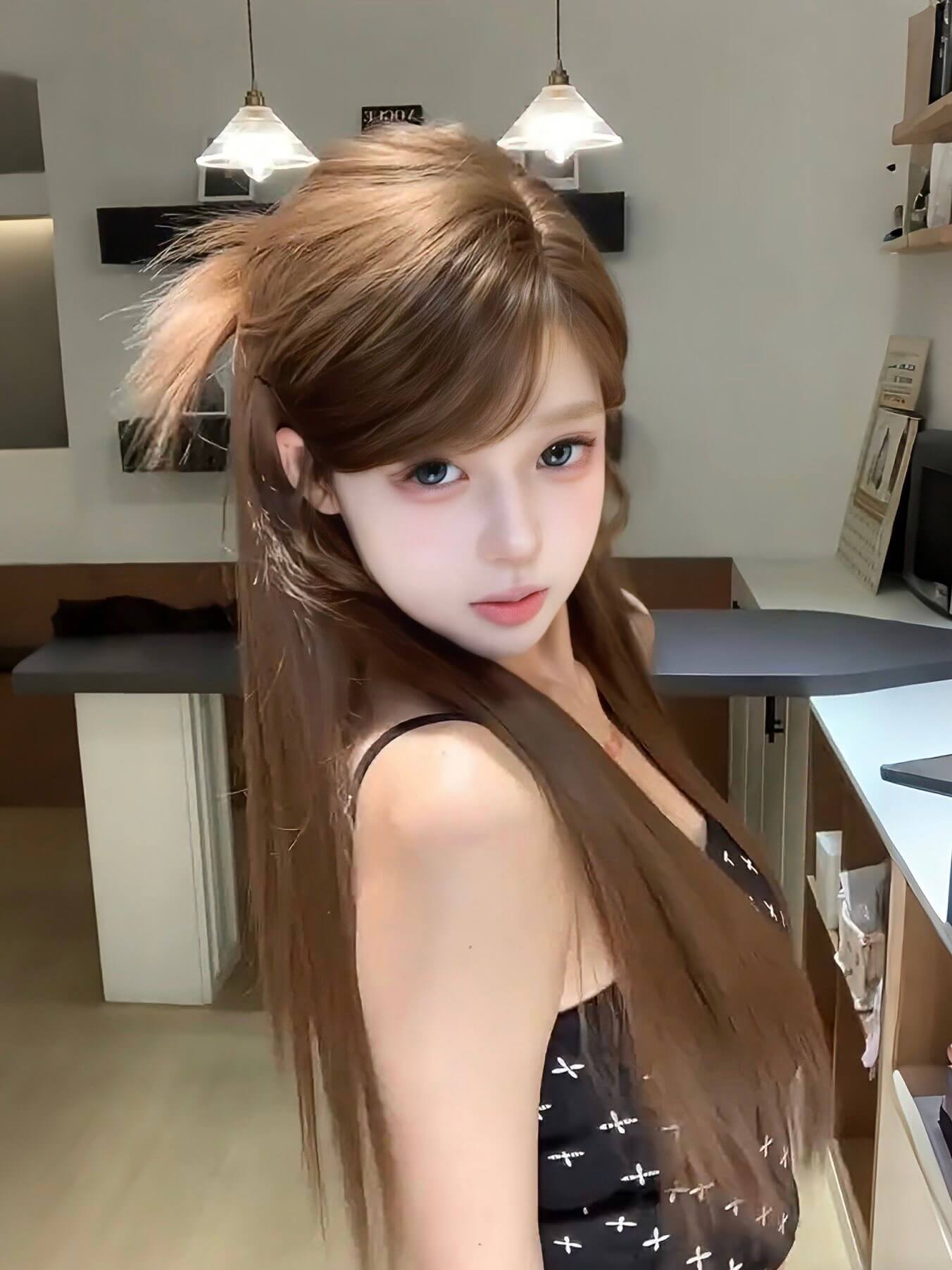 Fairy 🎠 Middle-Part Long Straight Wig – Natural Vibe Style, Caramel Brown / Natural Black, Full Cap, 65–75cm