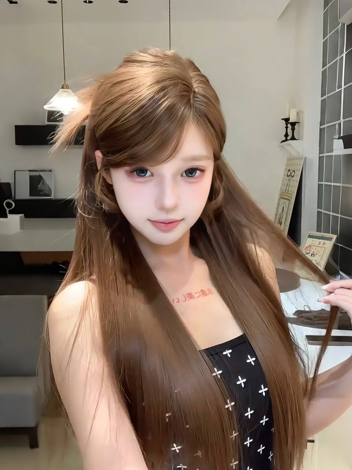 Fairy 🎠 Middle-Part Long Straight Wig – Natural Vibe Style, Caramel Brown / Natural Black, Full Cap, 65–75cm