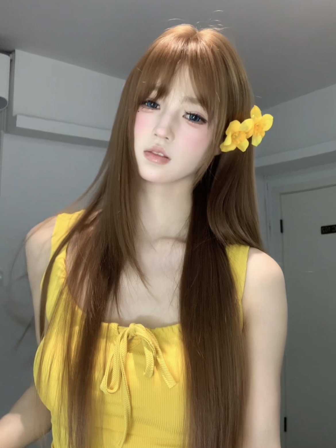Sunshine 🌞 Bean Sun-Brown Long Straight Wig – Layered & Youthful Design, Full Cap, 60–70cm