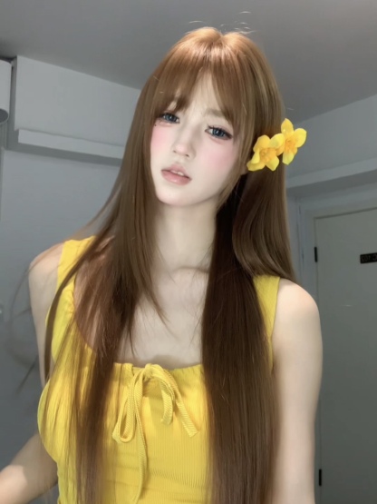 Sunshine 🌞 Bean Sun-Brown Long Straight Wig – Layered & Youthful Design, Full Cap, 60–70cm