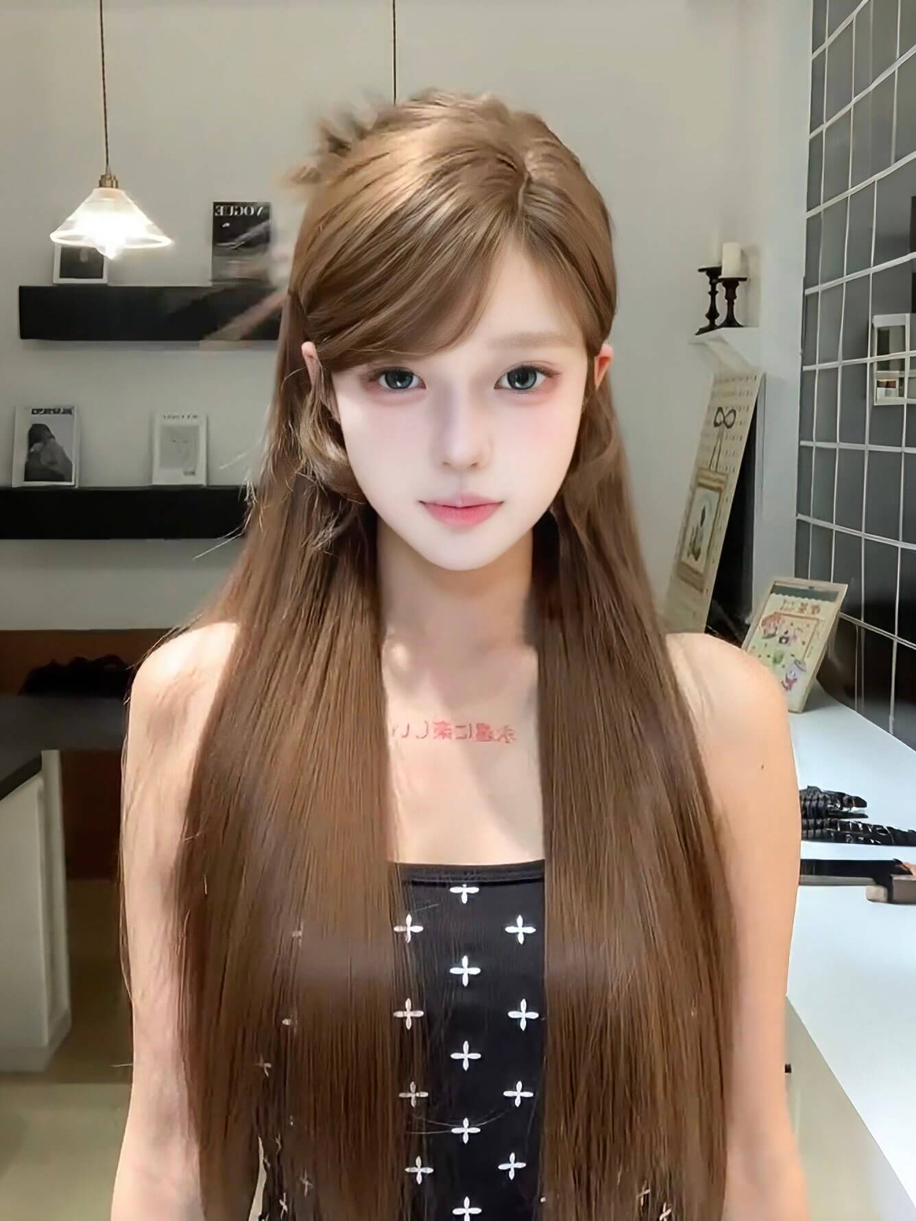 Fairy 🎠 Middle-Part Long Straight Wig – Natural Vibe Style, Caramel Brown / Natural Black, Full Cap, 65–75cm