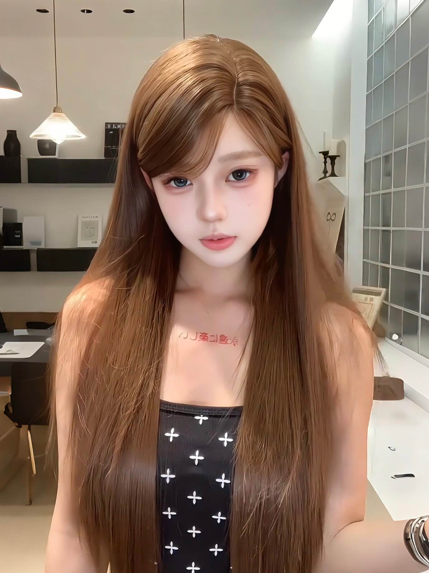 Fairy 🎠 Middle-Part Long Straight Wig – Natural Vibe Style, Caramel Brown / Natural Black, Full Cap, 65–75cm