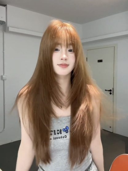 Sweet ❤ Bean Sun-Brown Long Straight Wig – Layered & Youthful Design, Full Cap, 60–70cm