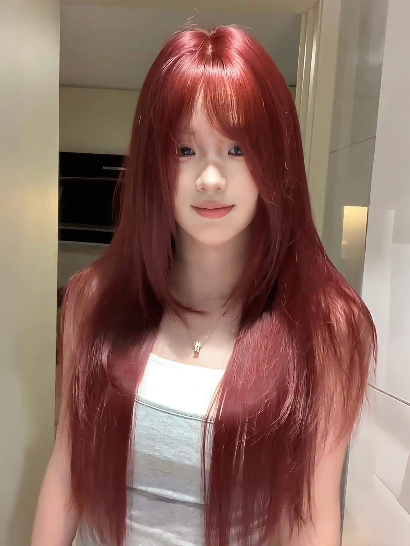 Red Wine 🍷 Long Straight Wig with Bangs – Face-Framing, Breathable Full Cap, 65–75cm
