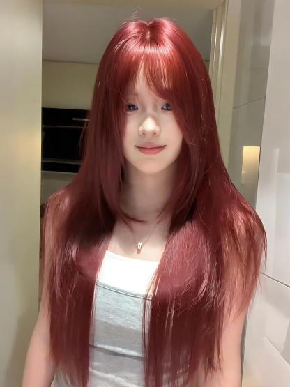 Red Wine 🍷 Long Straight Wig with Bangs – Face-Framing, Breathable Full Cap, 65–75cm