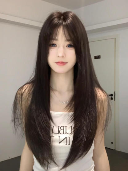 Whisper Layered Long Straight Wig – Refined Sideburns, Natural & Breathable, Full Cap, 60–70cm