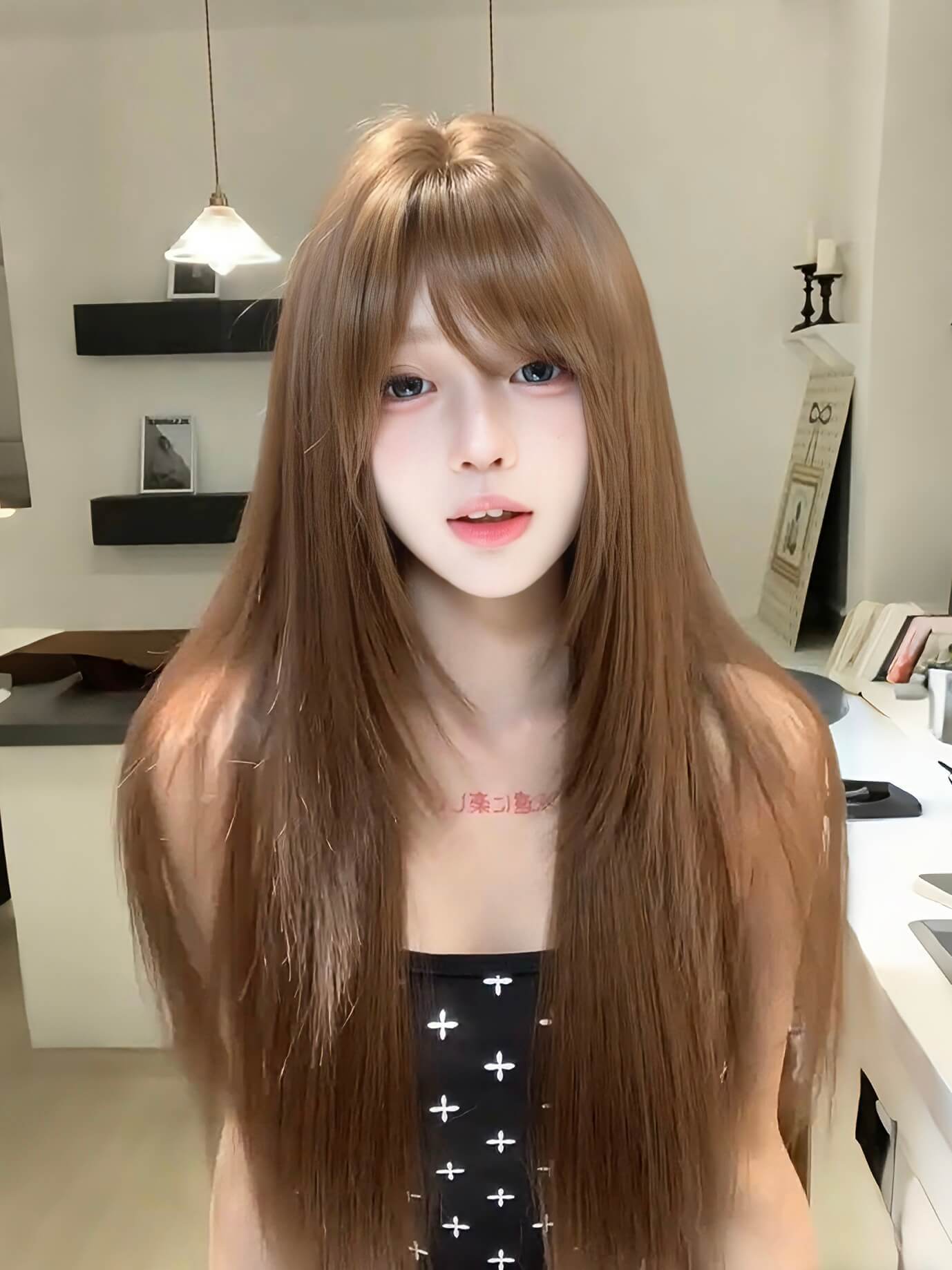 Sunshine 🌞 Bean Sun-Brown Long Straight Wig – Layered & Youthful Design, Full Cap, 60–70cm