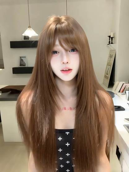 Sunshine 🌞 Bean Sun-Brown Long Straight Wig – Layered & Youthful Design, Full Cap, 60–70cm