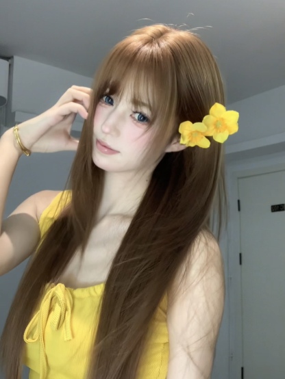 Sunshine 🌞 Bean Sun-Brown Long Straight Wig – Layered & Youthful Design, Full Cap, 60–70cm