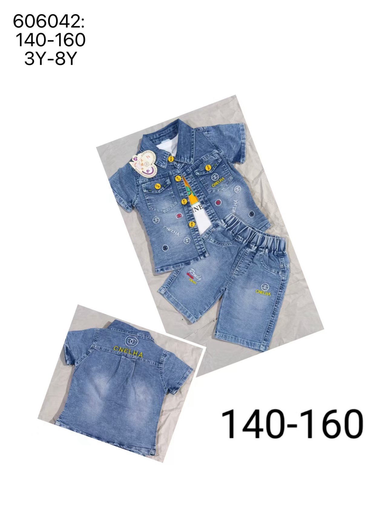B155 606 牛仔三件套 夏季
B155 606 denim three-pcs set summer 
【606042:140-160｜3Y-8Y｜¥42】
in stock