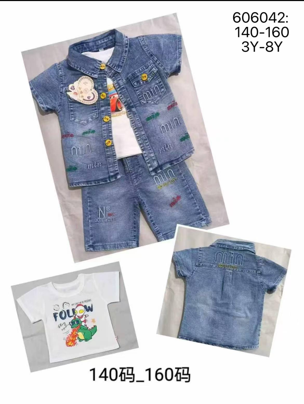 B155 606 牛仔三件套 夏季
B155 606 denim three-pcs set summer 
【606042:140-160｜3Y-8Y｜¥42】
in stock