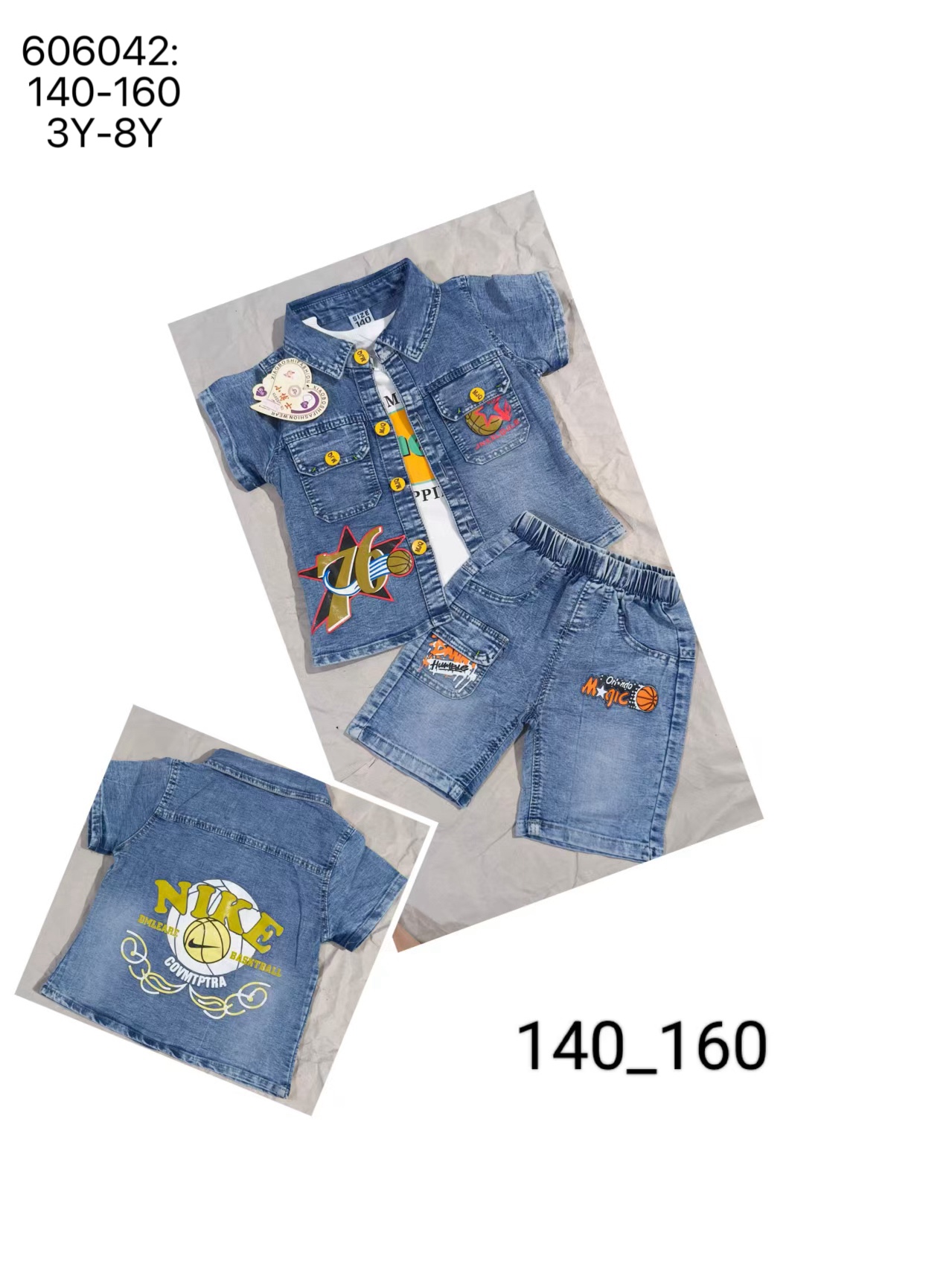 B155 606 牛仔三件套 夏季
B155 606 denim three-pcs set summer 
【606042:140-160｜3Y-8Y｜¥42】
in stock