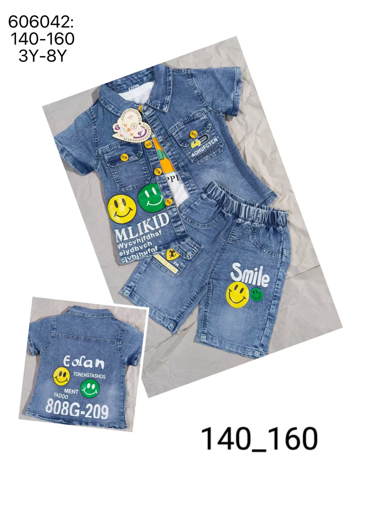B155 606 牛仔三件套 夏季
B155 606 denim three-pcs set summer 
【606042:140-160｜3Y-8Y｜¥42】
in stock