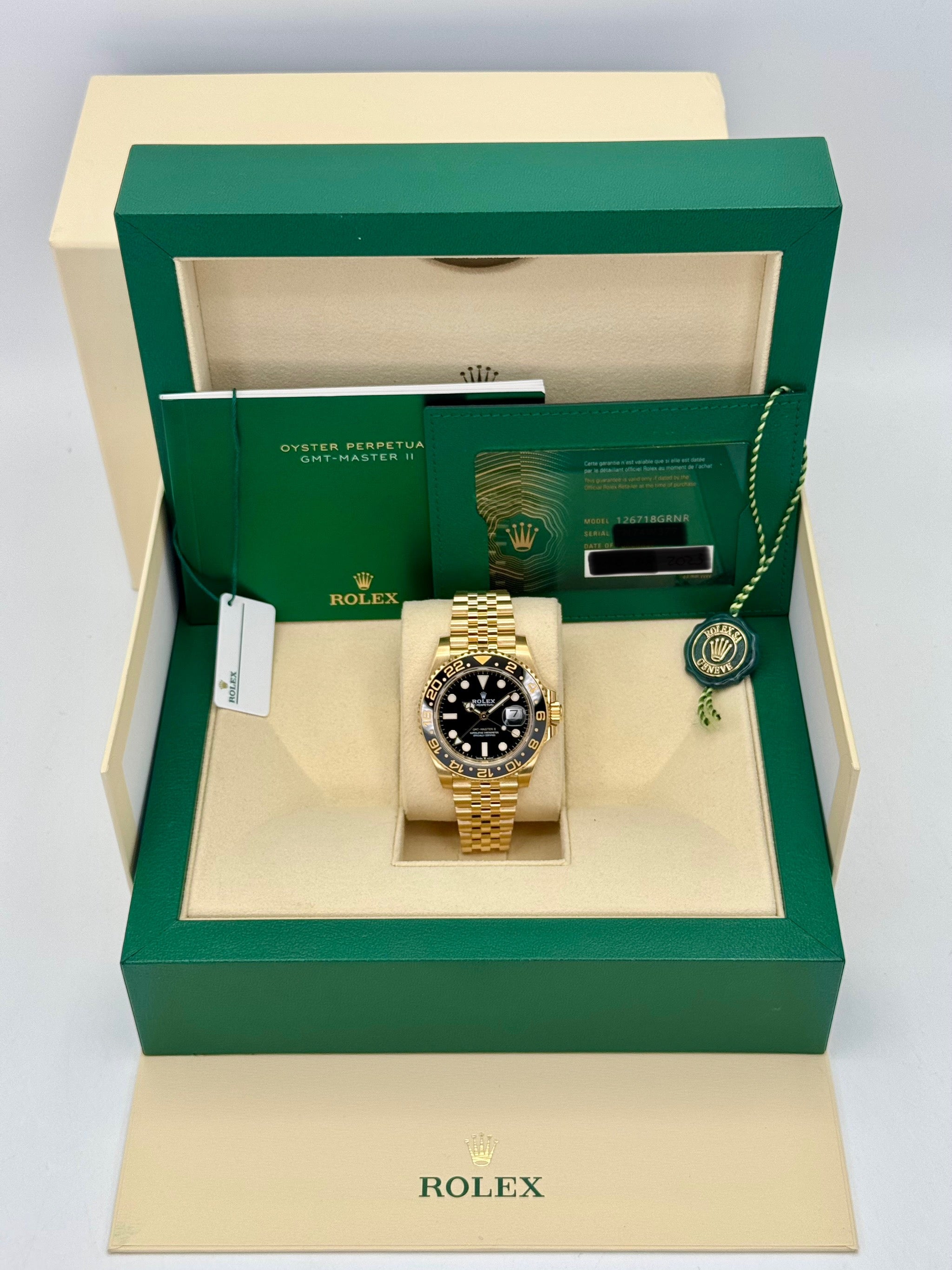 2023 Rolex GMT Master II 40mm 126718GRNR Yellow Gold Jubilee Black Dial
