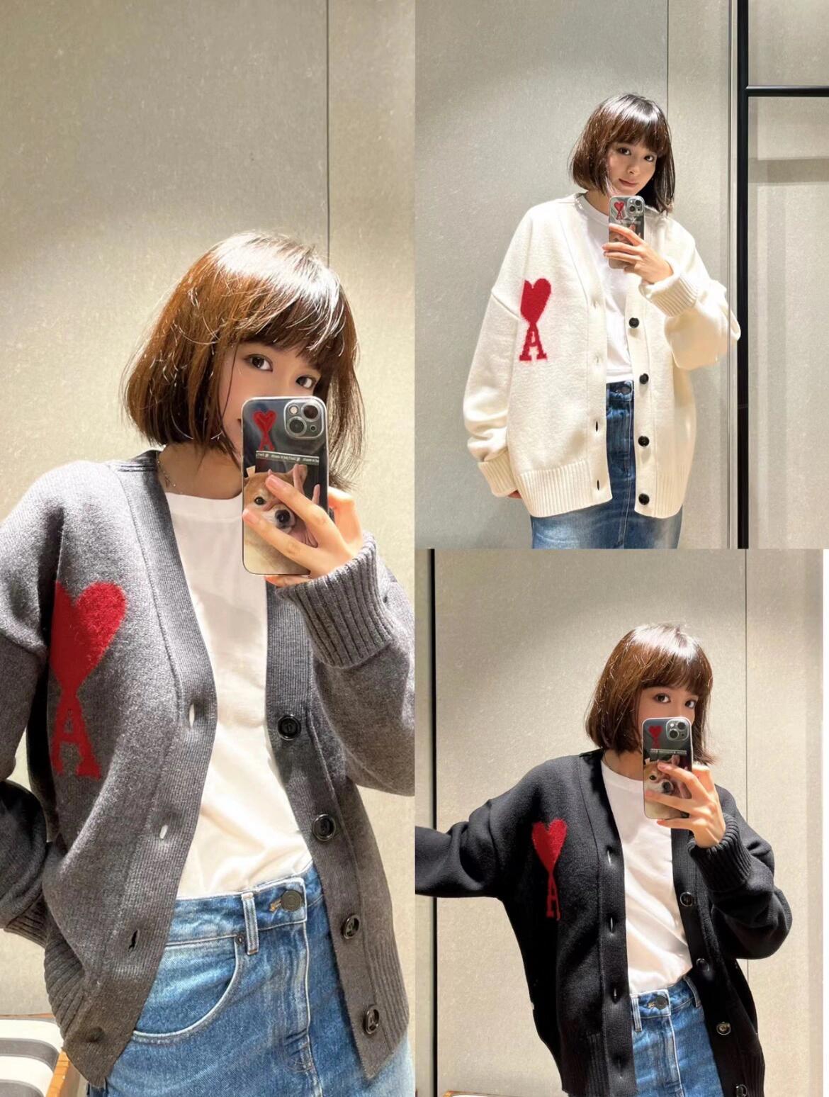 AMI PARIS ハートプリント 男女兼用 ニットセーター カーディガン