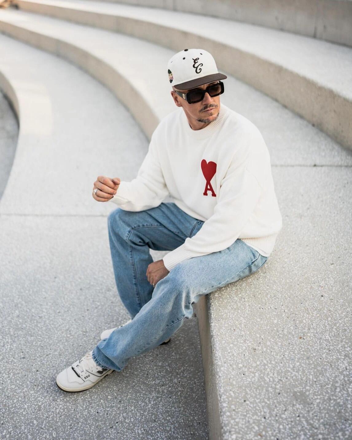 AMI PARIS セーター ハート刺繍プリント 男女兼用ニット