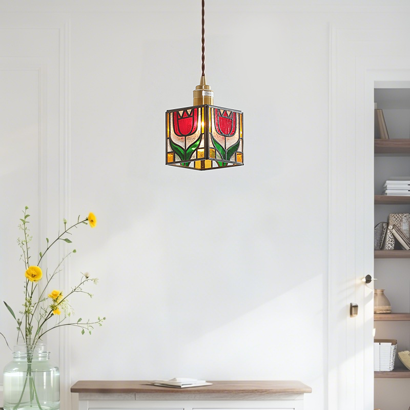ペンダントライト ダイニング  北欧 ガラス ダクトレール用 花 立方体 1灯 E26口金 led モダン シンプル レトロ デザイン 天井照明 シェードランプ  玄関 リビング  寝室 洗面所 居間 キッチン 食卓  可愛い 階段 和風 ステンドガラス ギフト 引越し