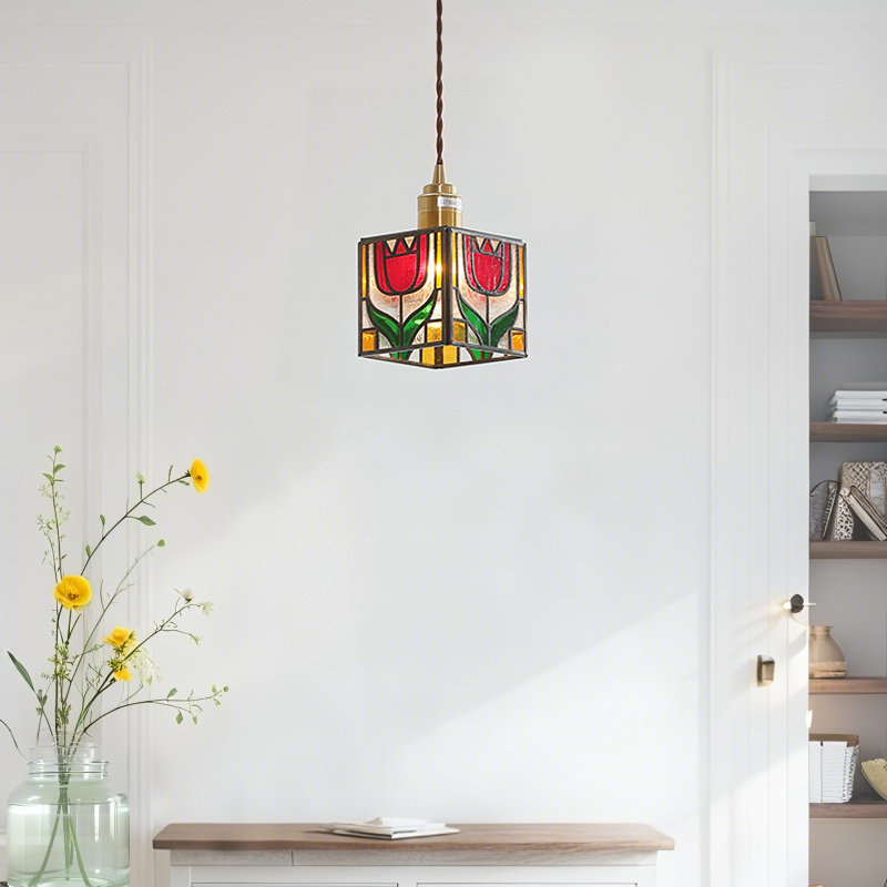 ペンダントライト ダイニング  北欧 ガラス ダクトレール用 花 立方体 1灯 E26口金 led モダン シンプル レトロ デザイン 天井照明 シェードランプ  玄関 リビング  寝室 洗面所 居間 キッチン 食卓  可愛い 階段 和風 ステンドガラス ギフト 引越し
