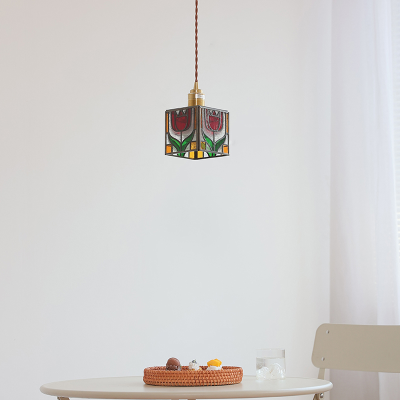 ペンダントライト ダイニング  北欧 ガラス ダクトレール用 花 立方体 1灯 E26口金 led モダン シンプル レトロ デザイン 天井照明 シェードランプ  玄関 リビング  寝室 洗面所 居間 キッチン 食卓  可愛い 階段 和風 ステンドガラス ギフト 引越し