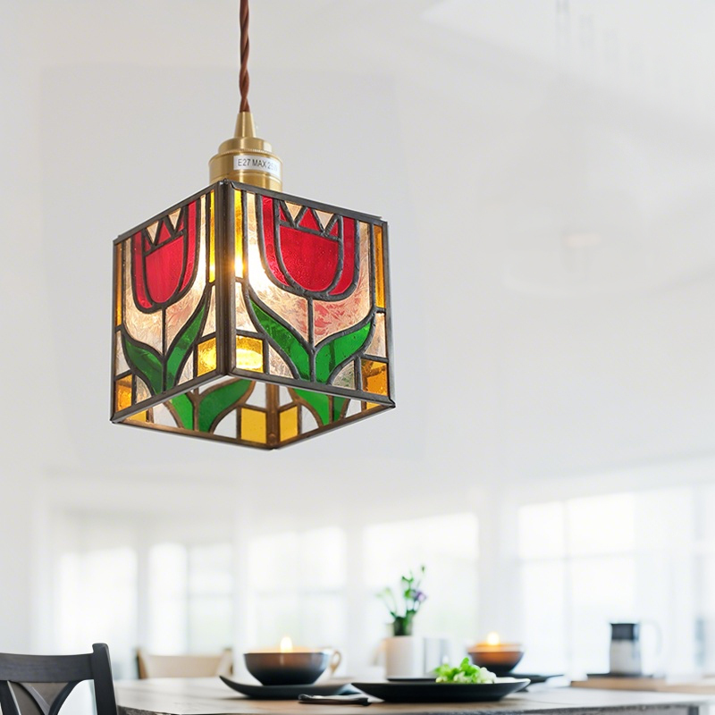 ペンダントライト ダイニング  北欧 ガラス ダクトレール用 花 立方体 1灯 E26口金 led モダン シンプル レトロ デザイン 天井照明 シェードランプ  玄関 リビング  寝室 洗面所 居間 キッチン 食卓  可愛い 階段 和風 ステンドガラス ギフト 引越し