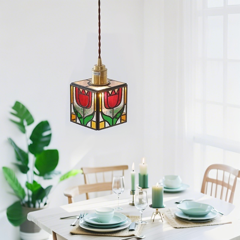 ペンダントライト ダイニング  北欧 ガラス ダクトレール用 花 立方体 1灯 E26口金 led モダン シンプル レトロ デザイン 天井照明 シェードランプ  玄関 リビング  寝室 洗面所 居間 キッチン 食卓  可愛い 階段 和風 ステンドガラス ギフト 引越し