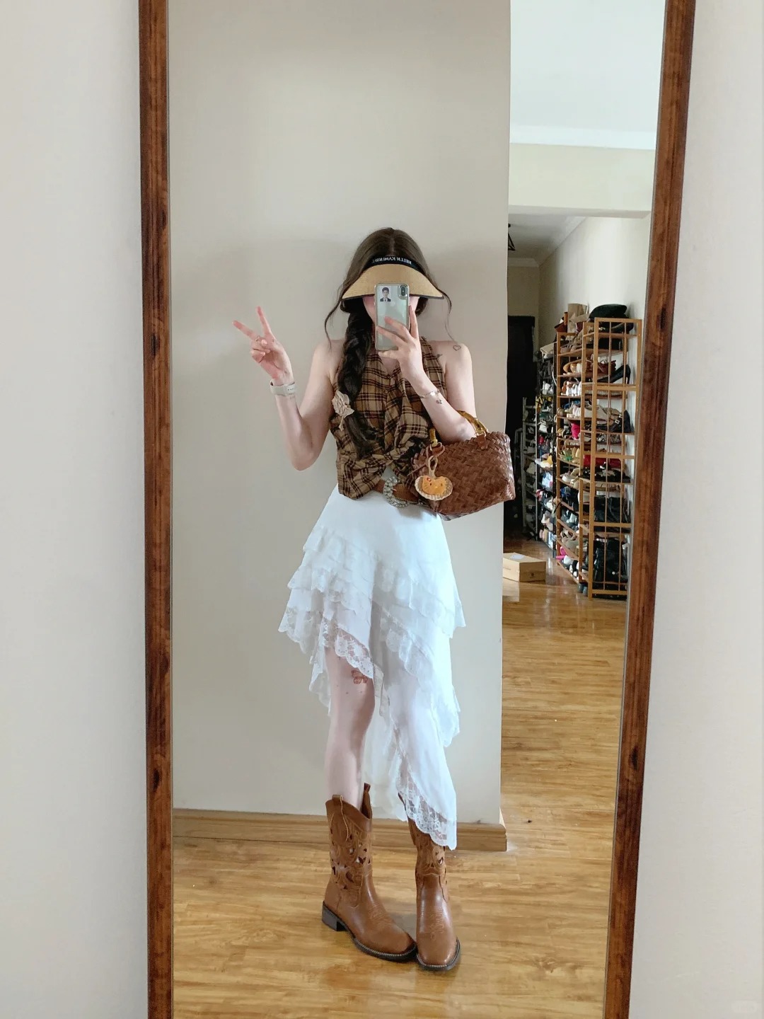 港風復古套裝 格紋掛脖背心上衣 時尚不規則蕾絲花邊半身裙 春季兩件套裝