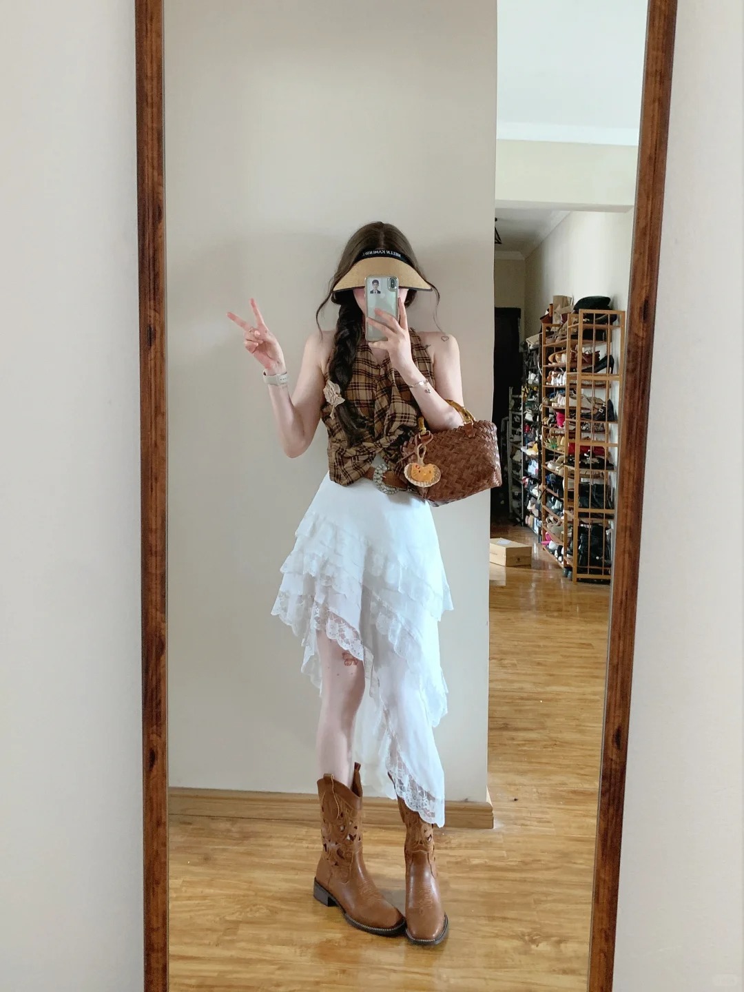 港風復古套裝 格紋掛脖背心上衣 時尚不規則蕾絲花邊半身裙 春季兩件套裝