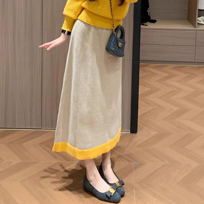 秋冬韓系風格活力套裝｜亮黃V領針織衫｜設計感拼色長裙｜氣質氛圍感兩件組