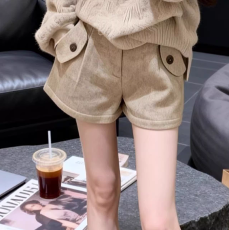 【預售】慵懶高級感休閒穿搭｜V領針織衫 ｜高腰A字短褲｜韓系老錢風套裝