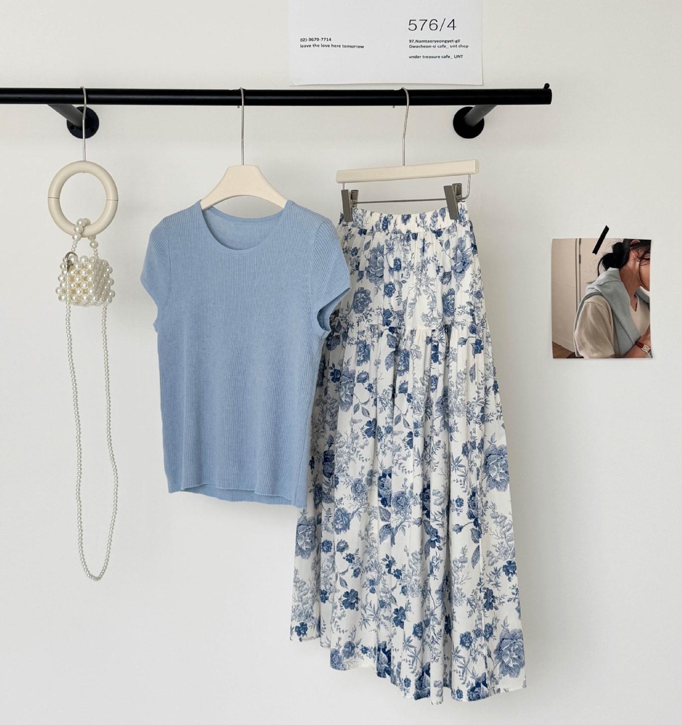 法式復古水墨畫碎花半身裙+冰絲針織上衣兩件套 夏季休閒套裝