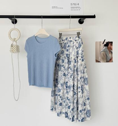 法式復古水墨畫碎花半身裙+冰絲針織上衣兩件套 夏季休閒套裝