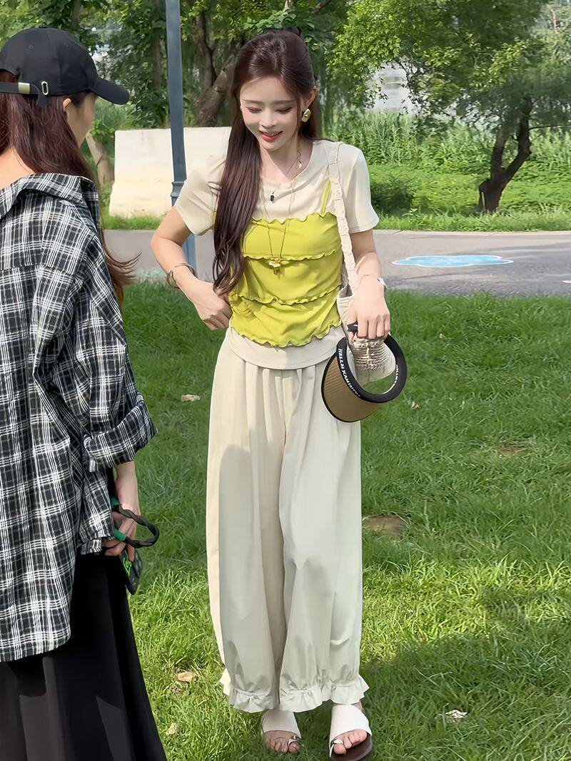 元气假兩件撞色Ｔ＋花邊束腳褲 清爽減齡夏裝 小個子友好