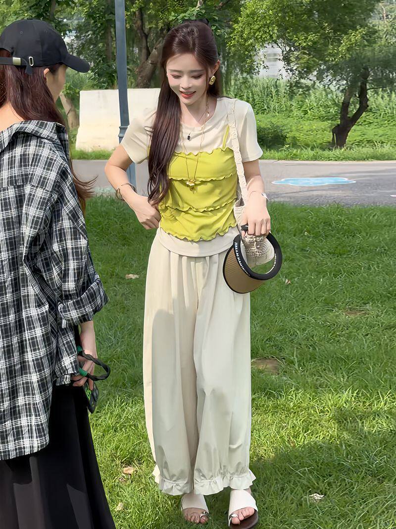 元气假兩件撞色Ｔ＋花邊束腳褲 清爽減齡夏裝 小個子友好