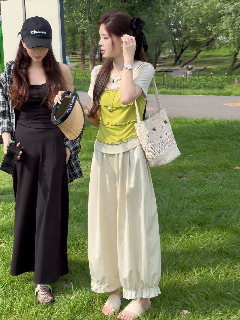元气假兩件撞色Ｔ＋花邊束腳褲 清爽減齡夏裝 小個子友好
