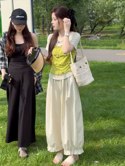 元气假兩件撞色Ｔ＋花邊束腳褲 清爽減齡夏裝 小個子友好