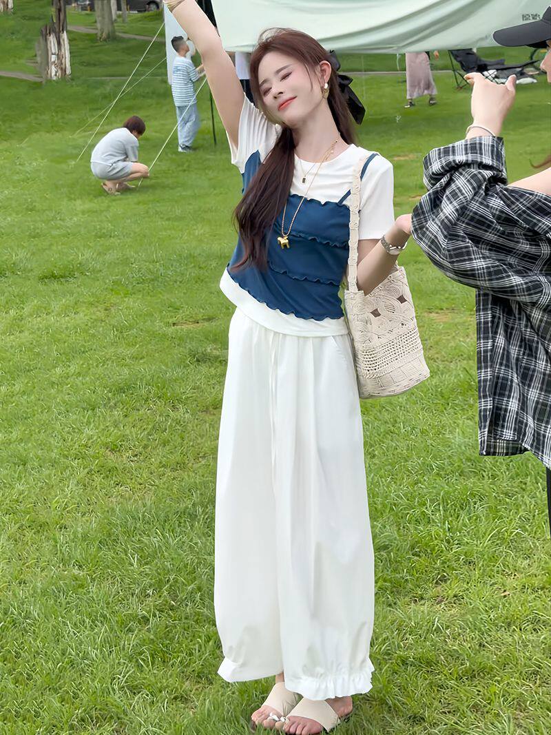 元气假兩件撞色Ｔ＋花邊束腳褲 清爽減齡夏裝 小個子友好