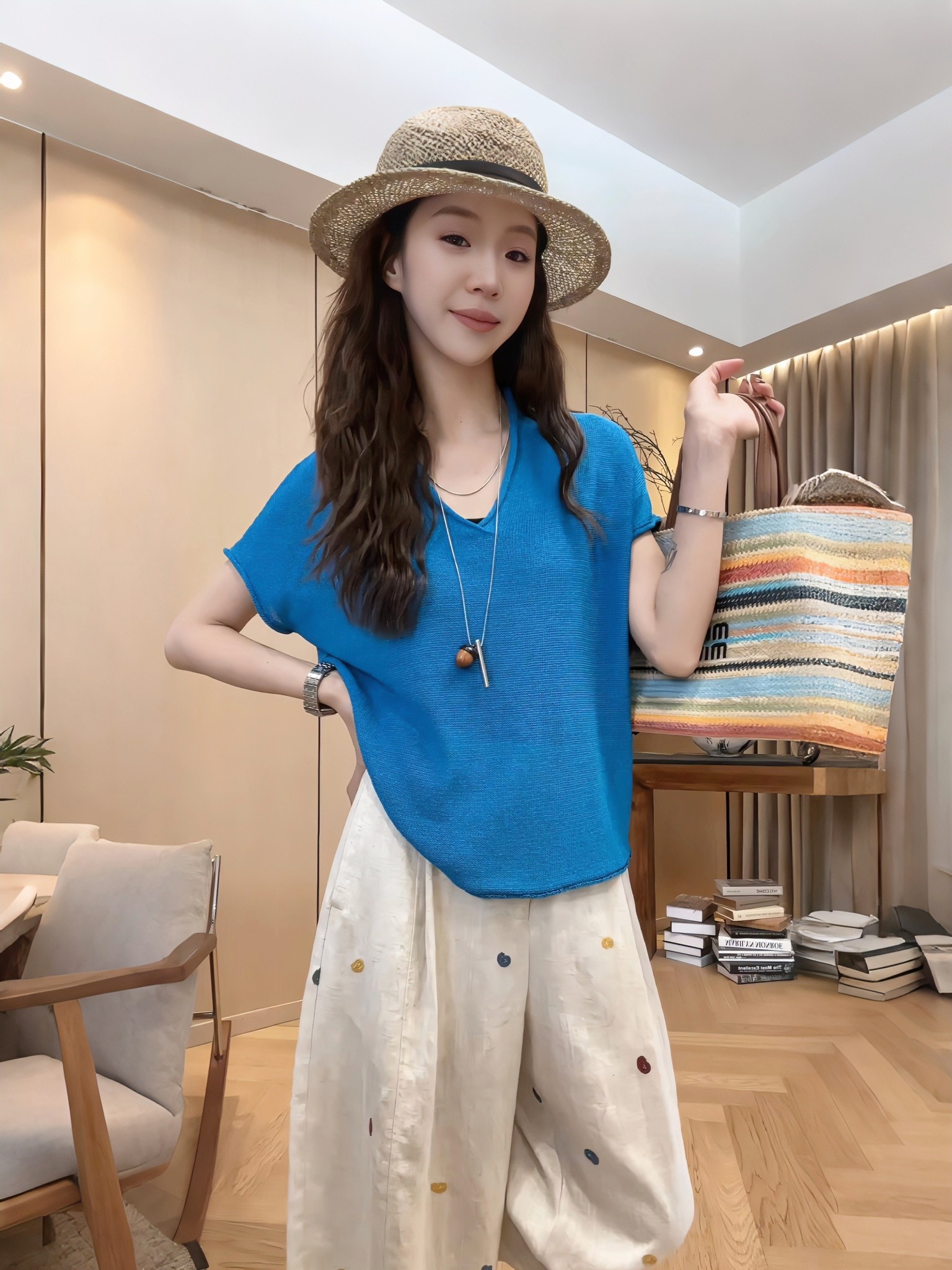 夏日清爽套裝｜薄款V領短袖針織衫｜彩色刺繡點點寬褲