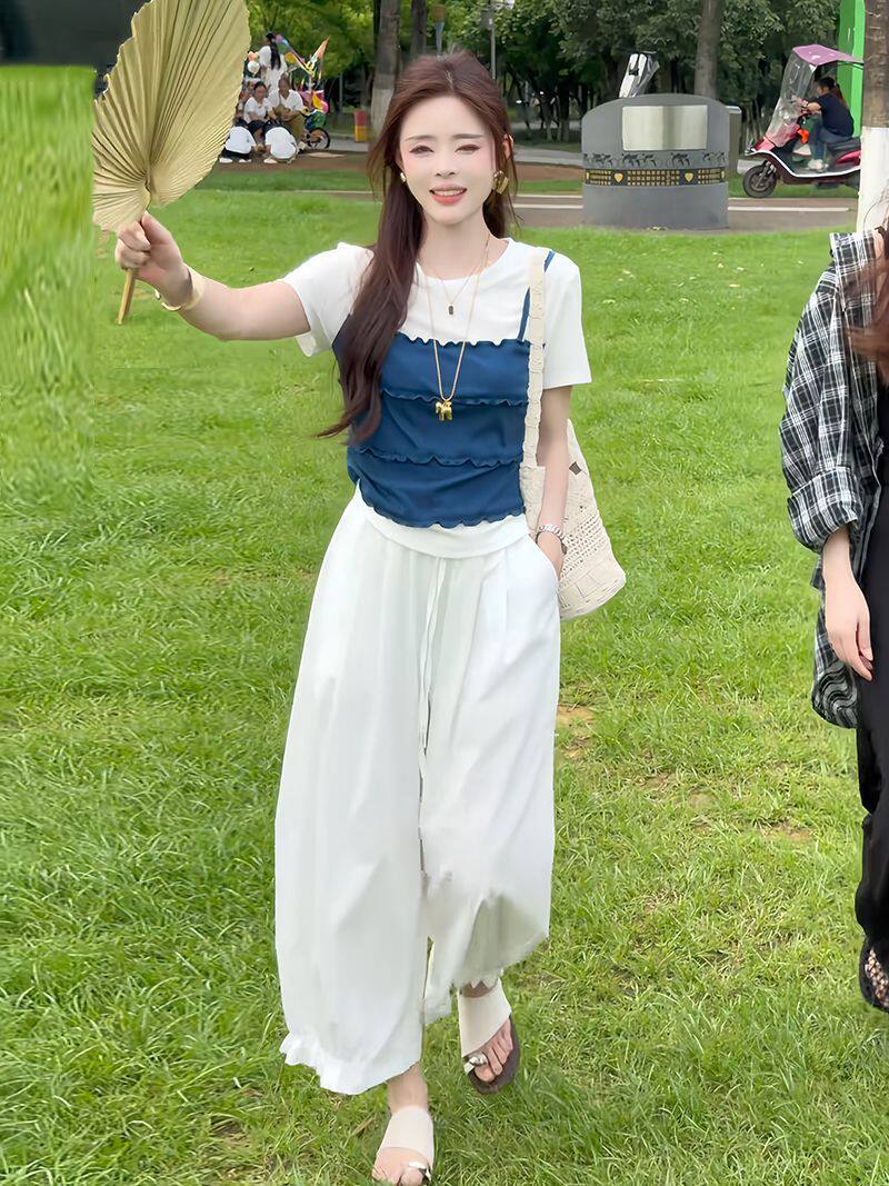 元气假兩件撞色Ｔ＋花邊束腳褲 清爽減齡夏裝 小個子友好