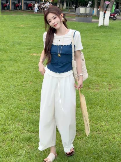元气假兩件撞色Ｔ＋花邊束腳褲 清爽減齡夏裝 小個子友好