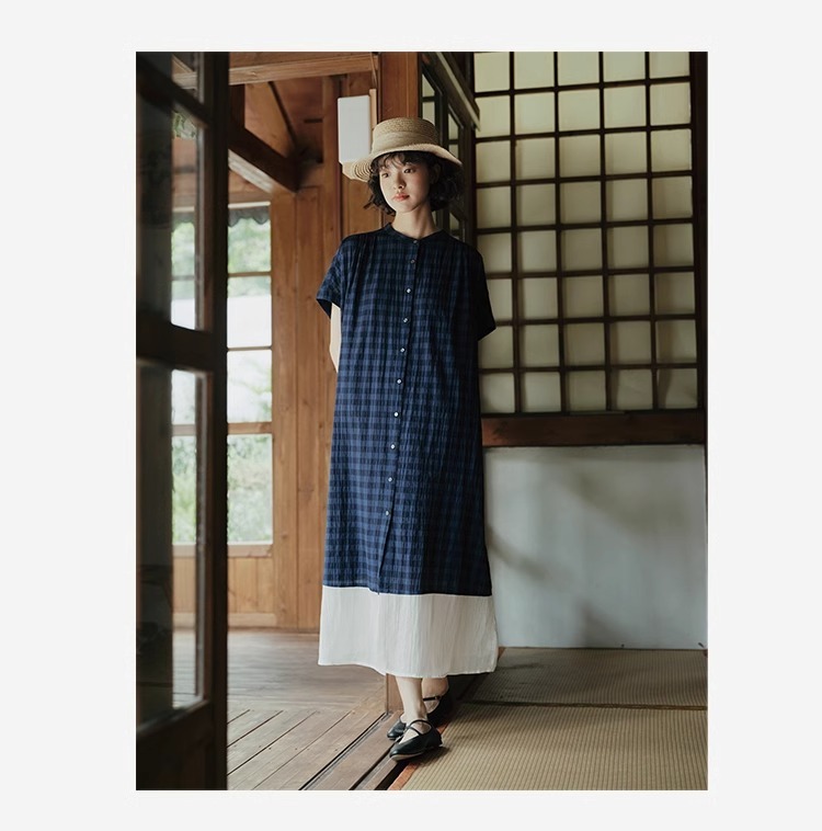 【現貨】日系格子圓領拼接連衣裙 休閒鬆弛感