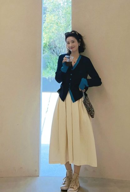 韓系套裝 V領撞色拼接針織上衣+白色半身長裙